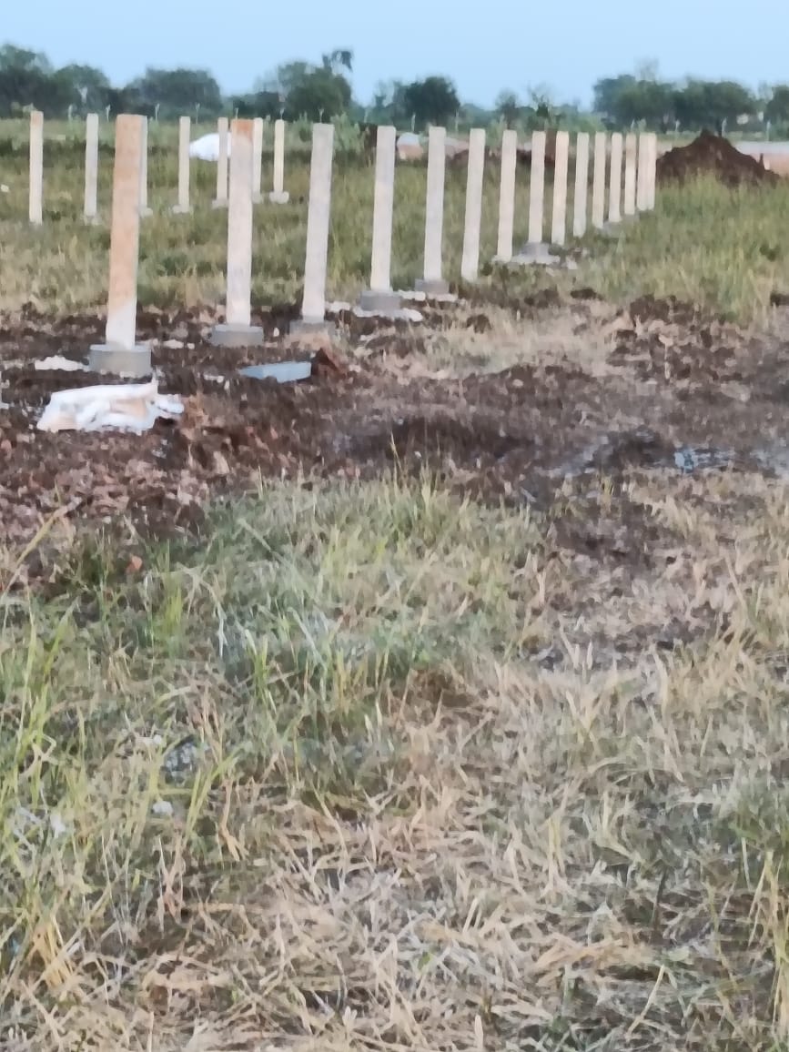 Rows of precast concrete foundation posts installed across the site